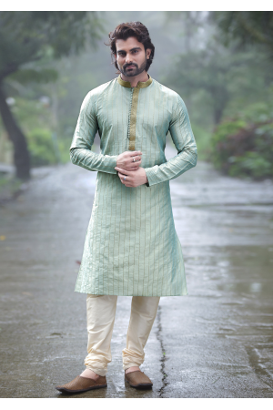 Light Cyan with Cream Color Silk Kurta Set